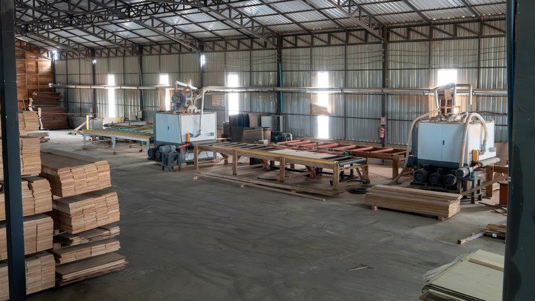 A workerless assembly line at  Lao plywood factory