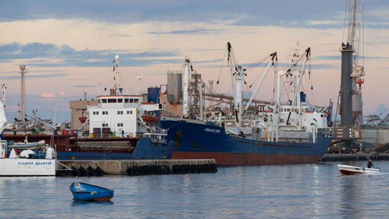 Container Ships and Loading Cranes at the Port of Tripoli, Tripoli, Libya