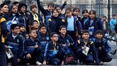 group of students pose outside