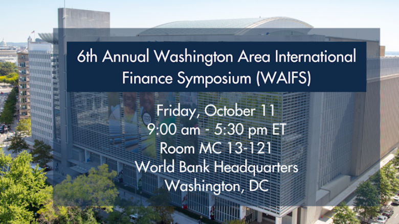 Photo of the World Bank MC Building with an overlay showing the details of the 6th Annual WAIFS event