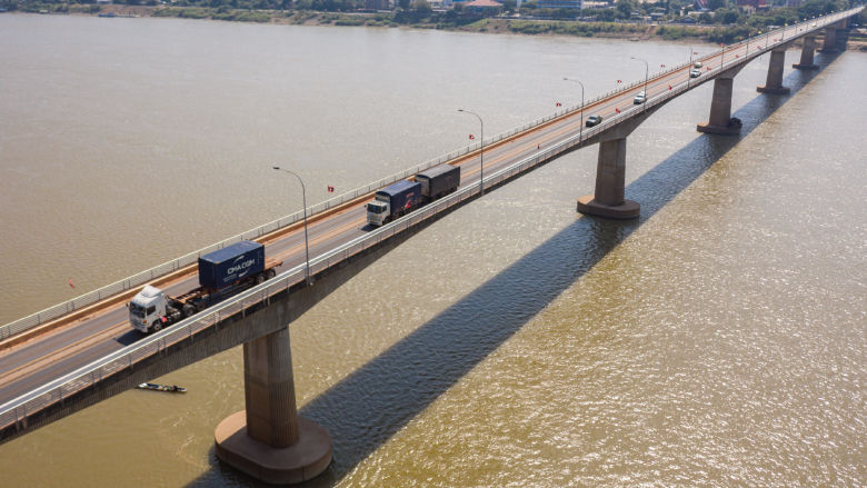 Freight traffic crossing the First Friendship Bridge over the Mekong to Laos