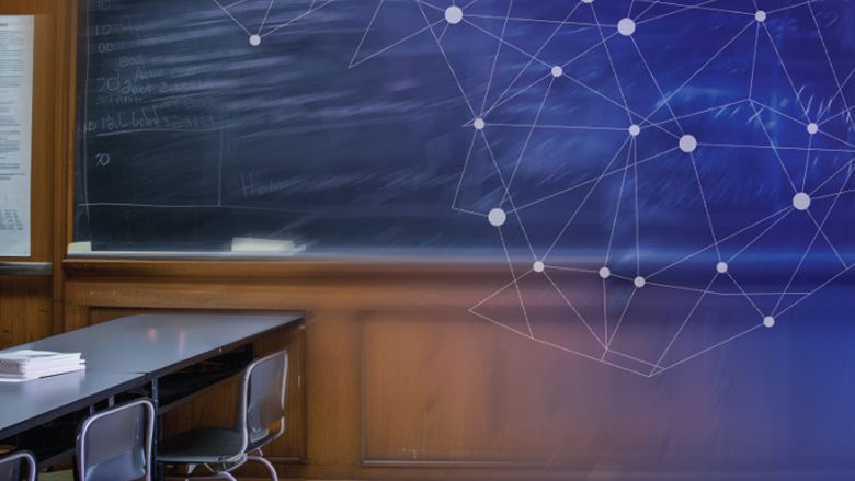 classroom with digital AI design overlay