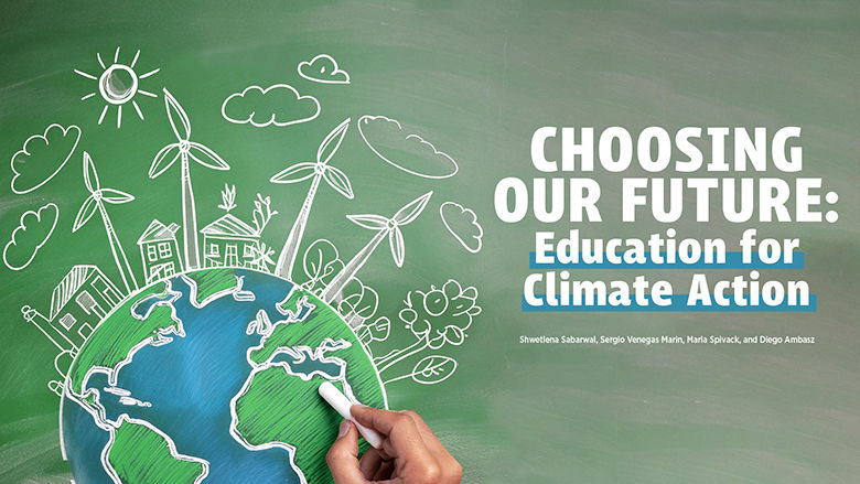 Education for Climate Action Report Cover - hand drawing a globe and world on a green chalkboard