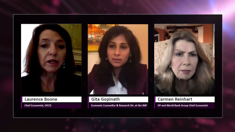 Chief economists Laurence Boone, OECD; Gita Gopinath, IMF; and Carmen Reinhart, World Bank Group  discussed the long-lasting effects of the COVID-19