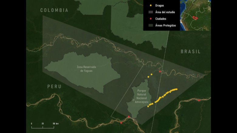 Mapa mostrando el area de triple frontera de Brasil, Perú y Colombia en la Amazonía