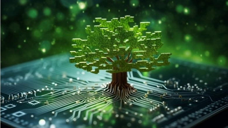 Tree growing on the converging point of computer circuit board.