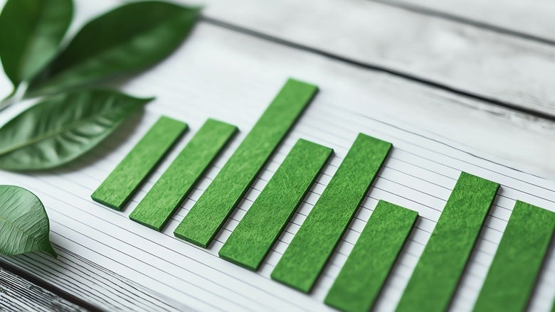 Financial document with green charts and fresh leaves, environmental investment, sustainable growth