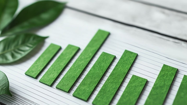 Financial document with green charts and fresh leaves, environmental investment, sustainable growth