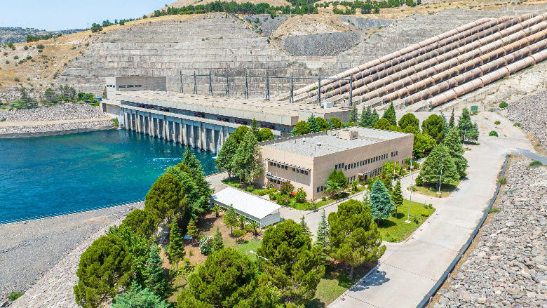 Aerial panoramic view of Ataturk Dam and reservoir Bozova Sanliurfa Birecik Turkey 
