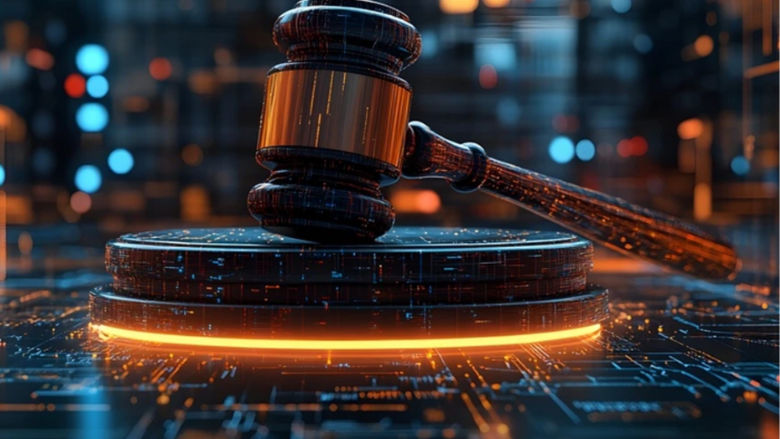 Image of a gavel on an AI background