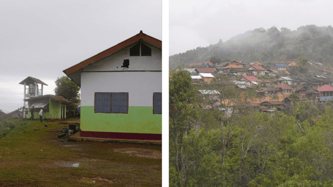 Diptych of the exterior of a Ban Ano health centre in northern Laos and the mountain on which it is located. 