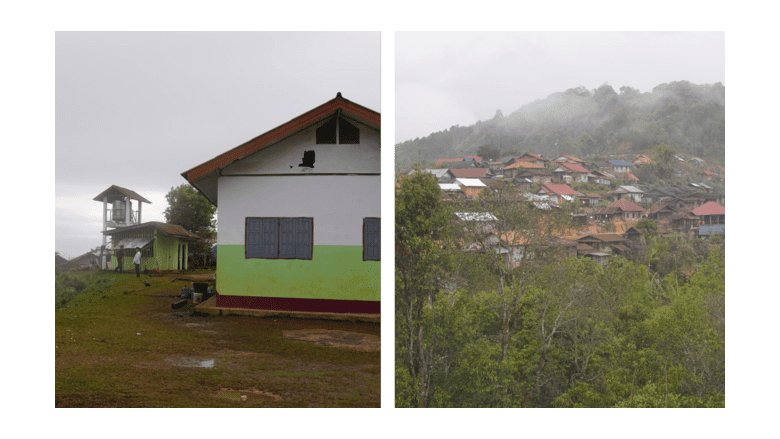 Diptych of the exterior of a Ban Ano health centre in northern Laos and the mountain on which it is located. 