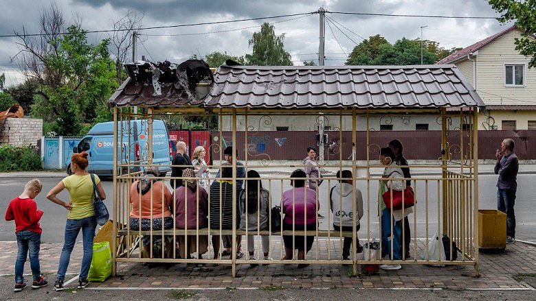 A bus stop damaged by shell fire in Ukraine