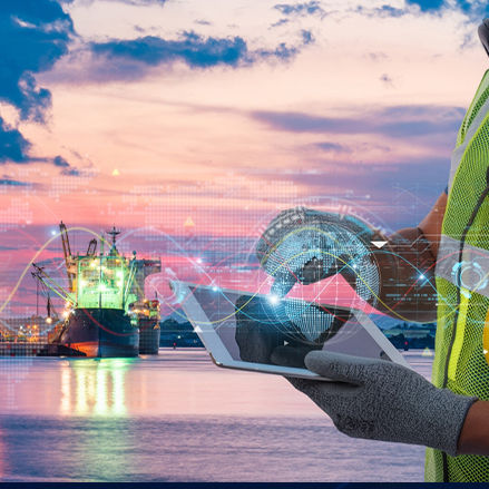 Container Ports Performance Index - data section- image of a worker gathering shipping data