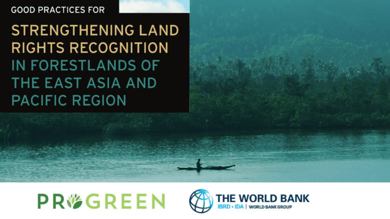 Cover of EAP Forest Land Rights report, showing a small river boat afloat with forest and mountains in the background