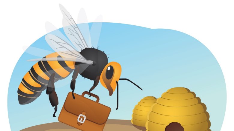 A Bee with briefcase flies to a beehive office