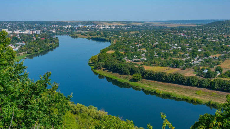 Panorama view of Dniester river between Moldova and Ukraine