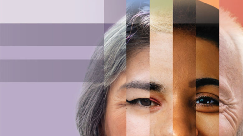 Collage of many human faces forming one face with a background of different shades and colors.