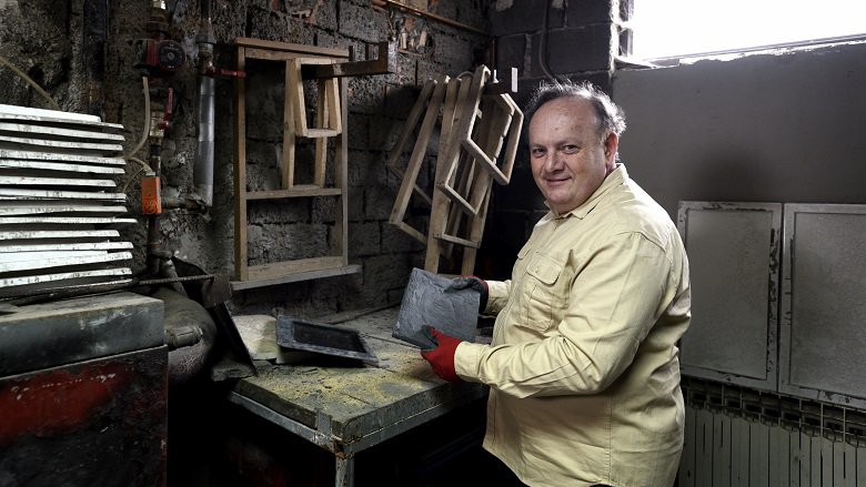 Erdal Corbo, the founder and director of Kamen dizajn, a Bosnian company producing stone and marble from concrete