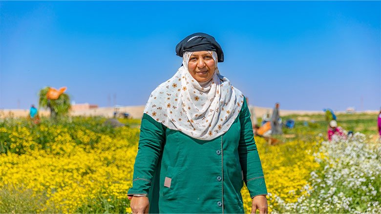 Eman Abdel Rahman Ramadan, a FORSA wage program beneficiary, standing in the flower field where she works.