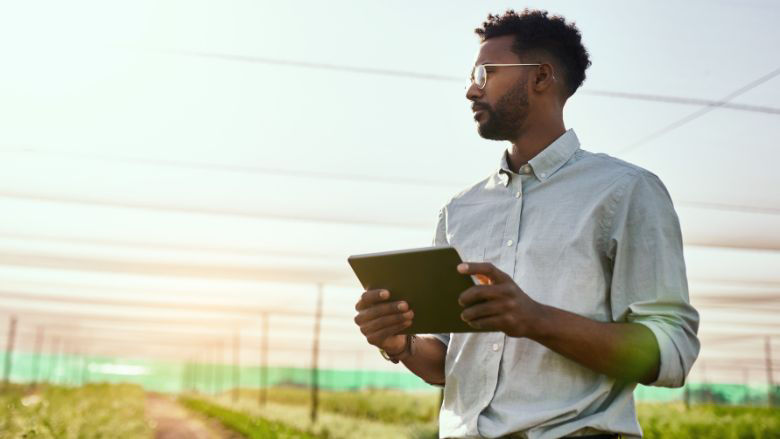 Farmer standing in green field holding a tablet to monitor his agricultural production