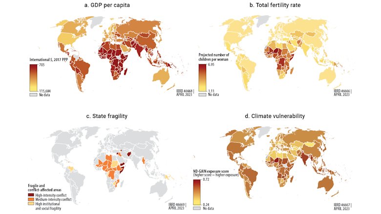 Four maps highlight the correlation between GDP per capita, conflict and fragility, vulnerability to climate change