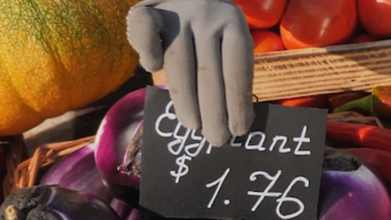 Pricing sign being placed among fresh produce at an outdoor market