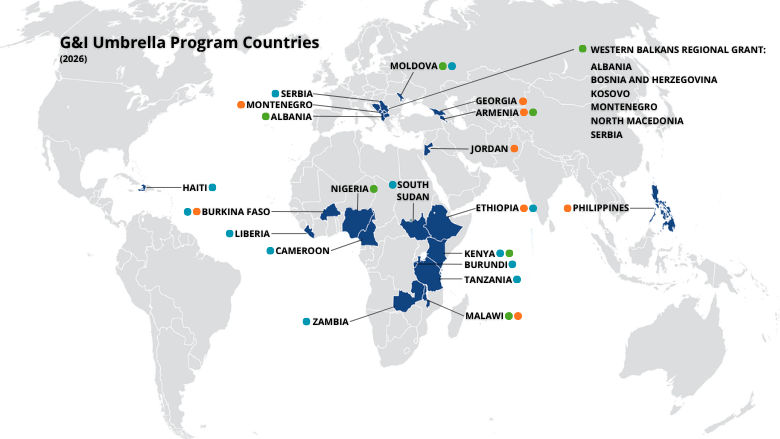 Map of G&I Umbrella Program countries of activity