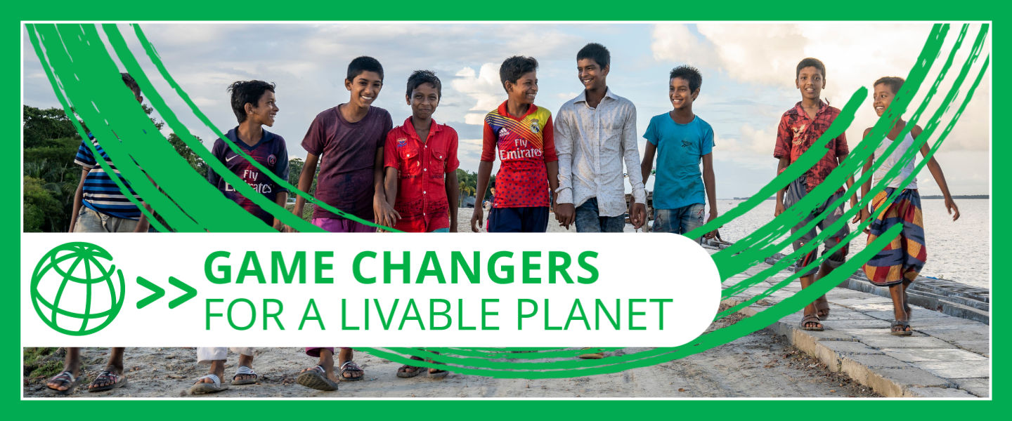Game Changers for a Livable Planet banner with photo of children at coastal embankment in Bangladesh. Photo: Habibul Haque/WB