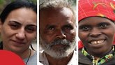 images of a smiling woman, an elderly man, smiling woman