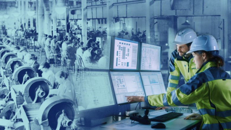 image of old factory and two modern manufacturing workers in front of big computer screens