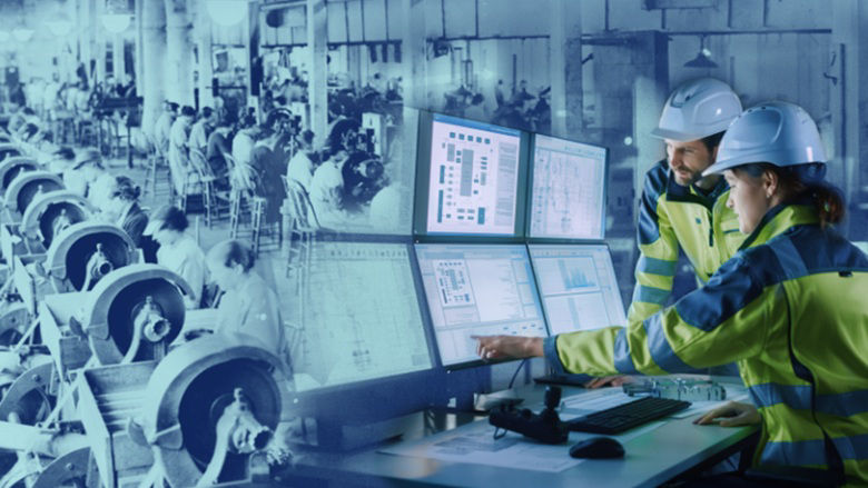 image of two people in front of the modern computer screens and old factory on the background
