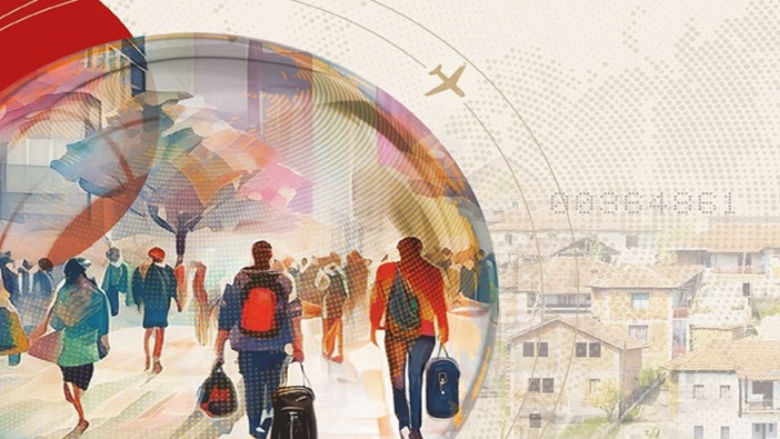 report cover main image with people walking the street and some country houses on the background