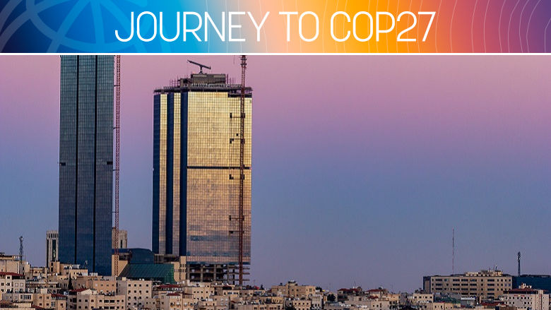 Skyline of Amman, Jordan, with Jordan Gate Towers - with WBG COP27 branding