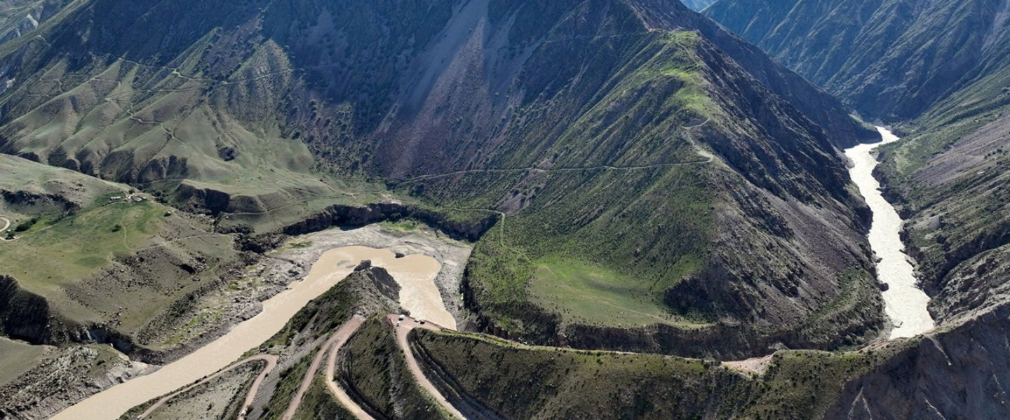 Aerial view of a riverbend in the Kyrgyz Republic
