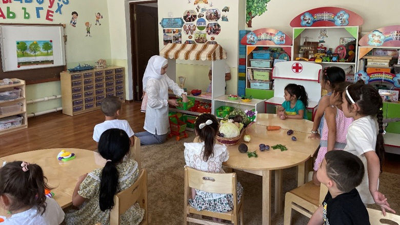 A kindergarten classroom in Uzbekistan equipped with new learning materials and furniture