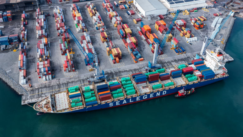 Aerial view of a big containers ship in the port