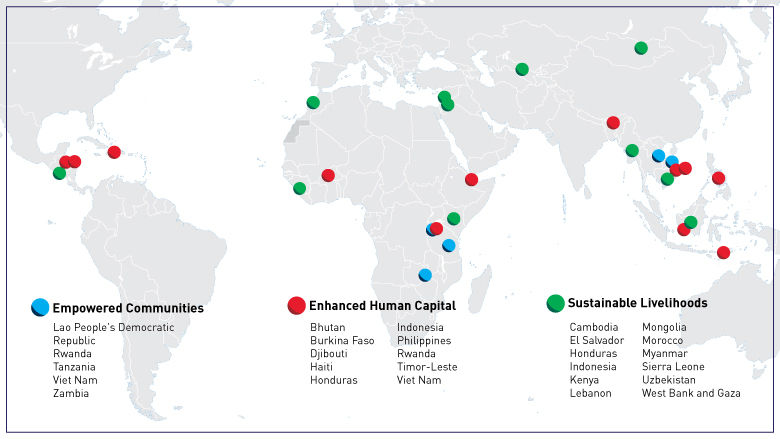 world map with JSDF projects by countries and pillars