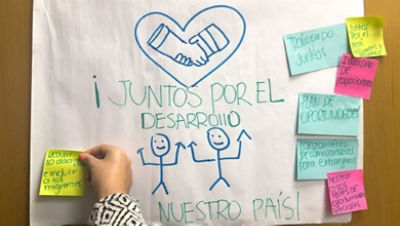Manos trabajando sobre un cartel que dice Juntos por el Desarrollo
