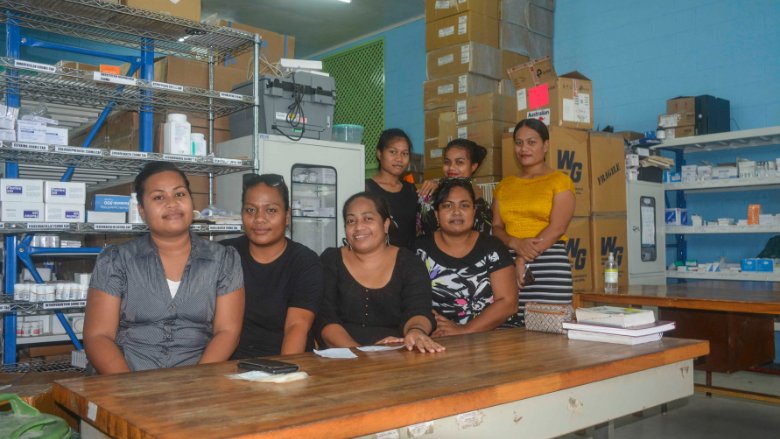 Moannara Benete (center) and members of Kiribati’s Pharmacy team.