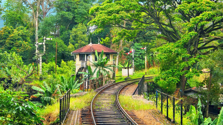 Old historic english railway, bridge, the caretaker's house and bright tropical foliage Cambodia