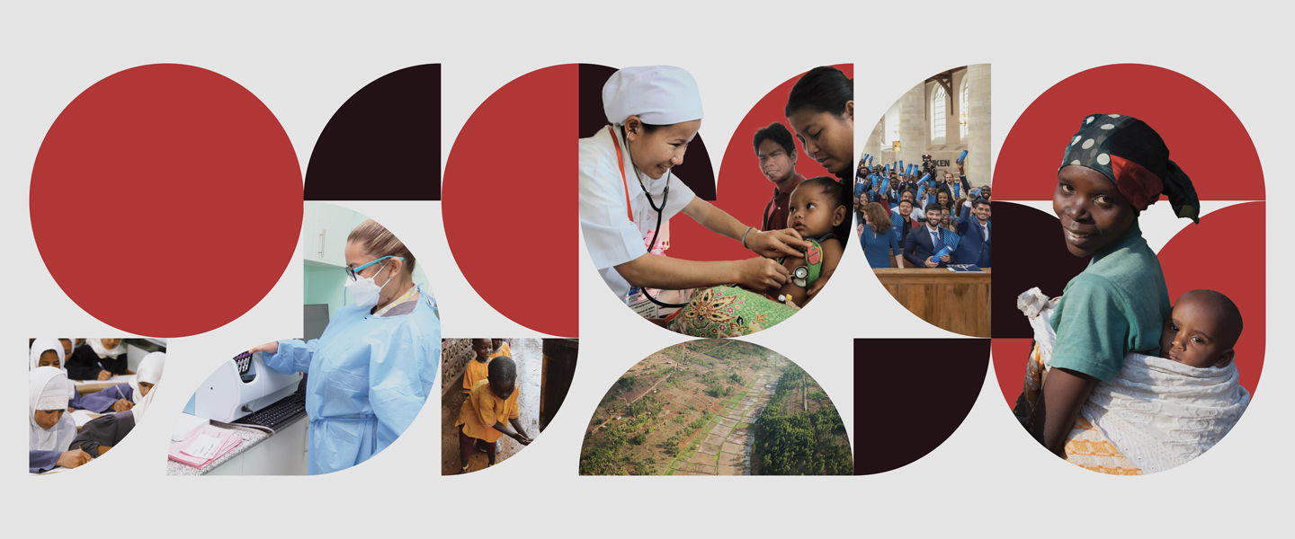PHRD banner featuring recipients: school girls in Yemen, female lab worker, children washing hands in Africa