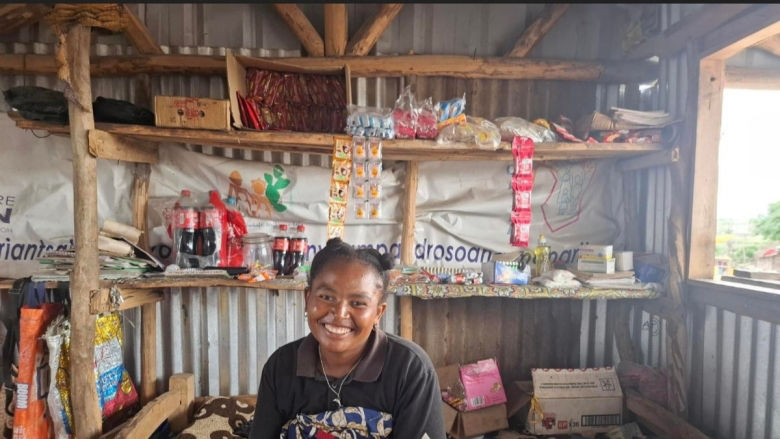 Sambeterake Marchetine inside her small grocery shop. Photo by Havasoa Milson / CRS Madagascar