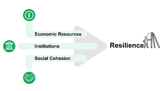 Chart showing how resilience comes from economic resources, institutions, and social cohesion.