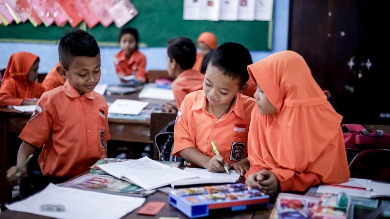 Students learning in school in Mojokerto, Indonesia