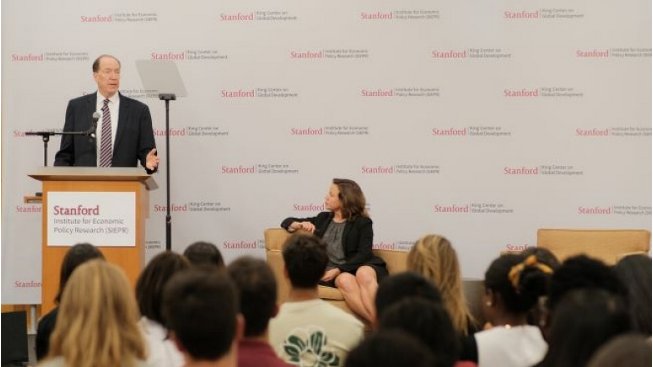 President David Malpass speaking at Stanford University; Credit: Ryan Zhang, Stanford University