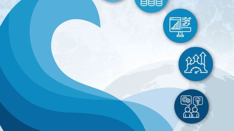 blue abstract tide with productivity logos around