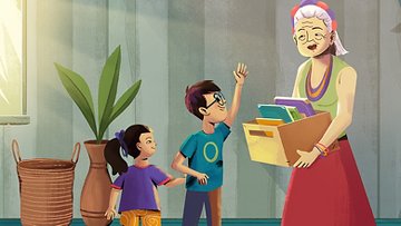 Illustration of woman handing books to childrent
