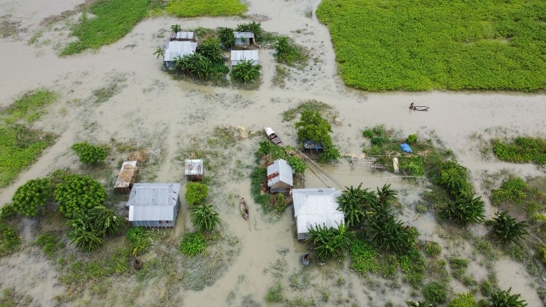 overhead view of flooded village.