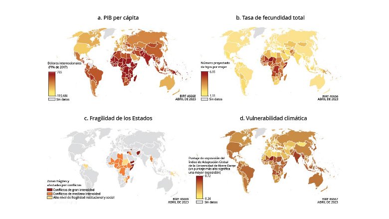 Cuatro mapas de la correlación entre el PIB per cápita, los conflictos y la fragilidad, la vulnerabilidad al cambio climático